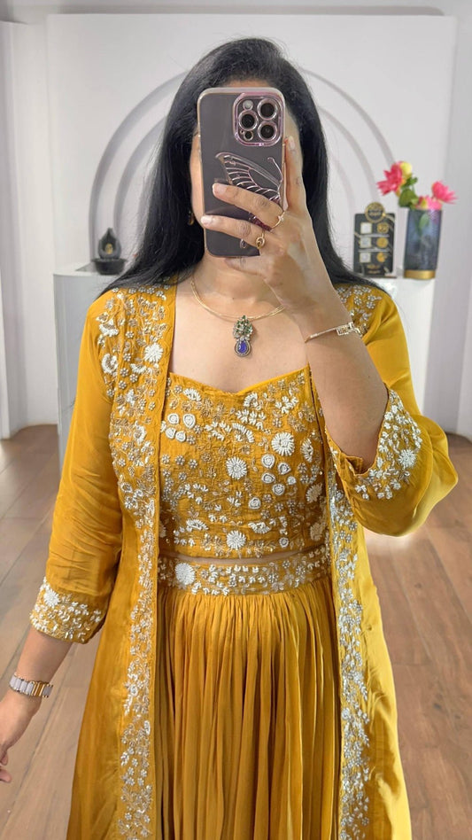 Fusion Empire Mustard Yellow Indo-Western Georgette Lehenga