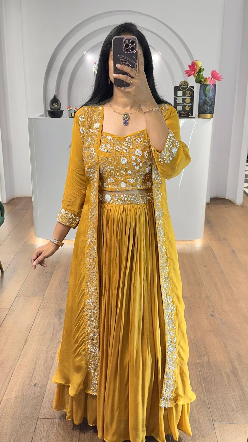Fusion Empire Mustard Yellow Indo-Western Georgette Lehenga