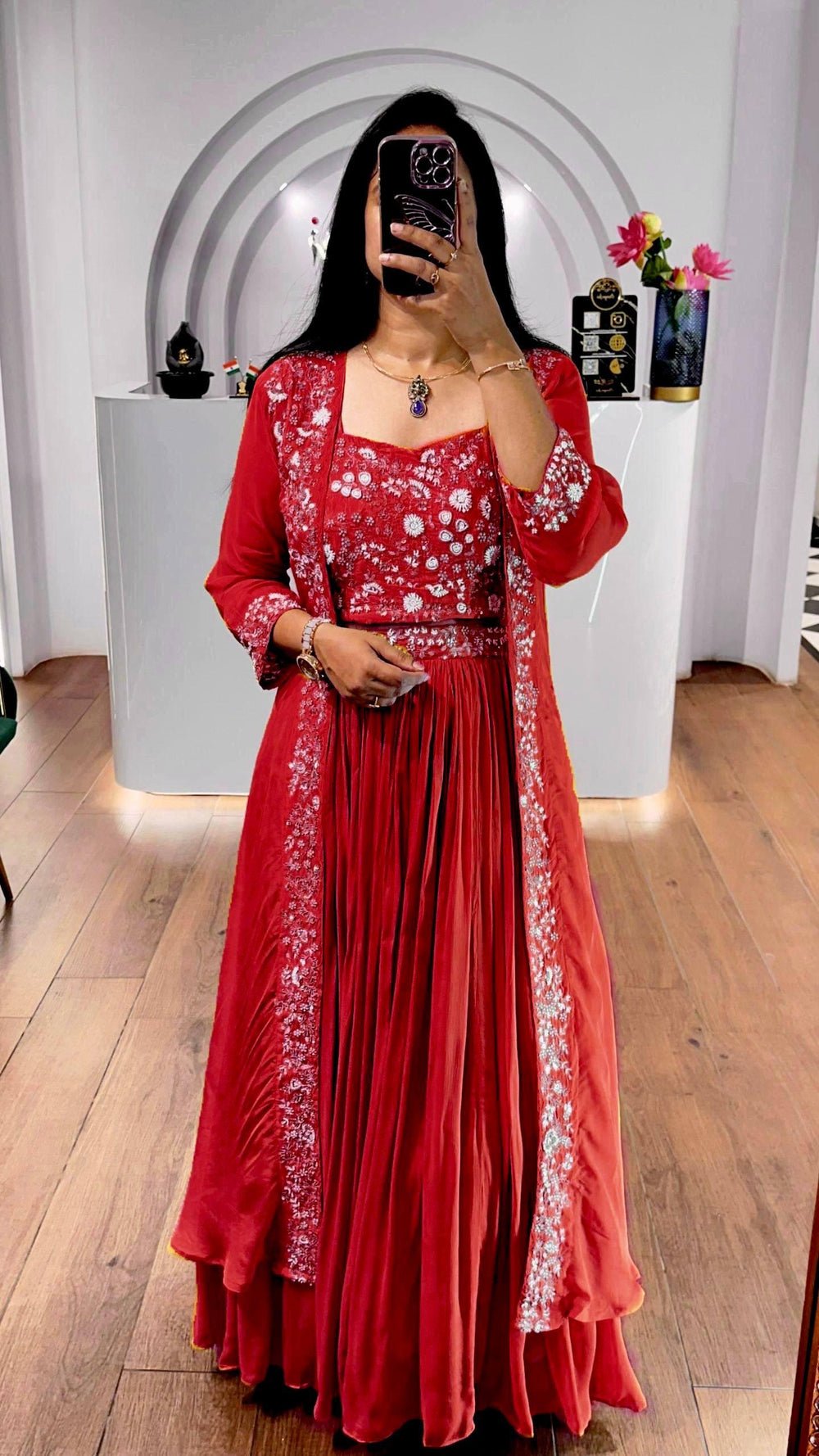 Fusion Red Indo-Western Georgette Lehenga With Shrug