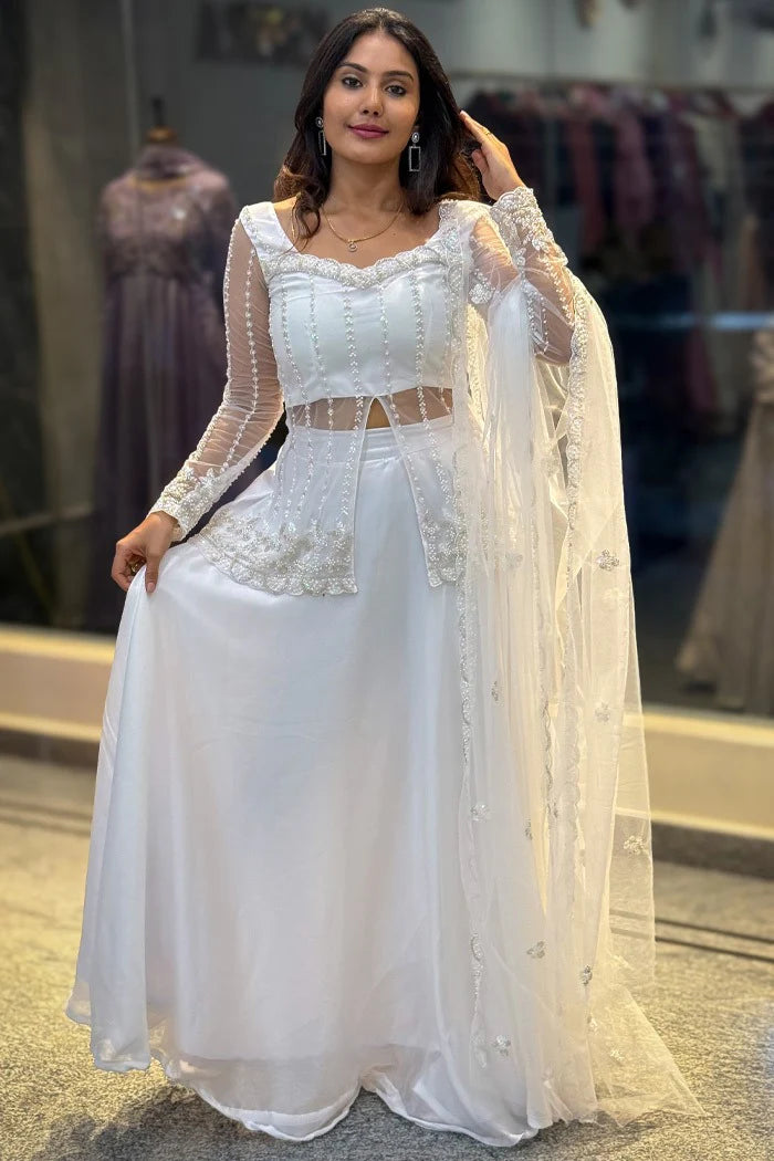 White Silk Lehenga Choli With Flowy Silhouette