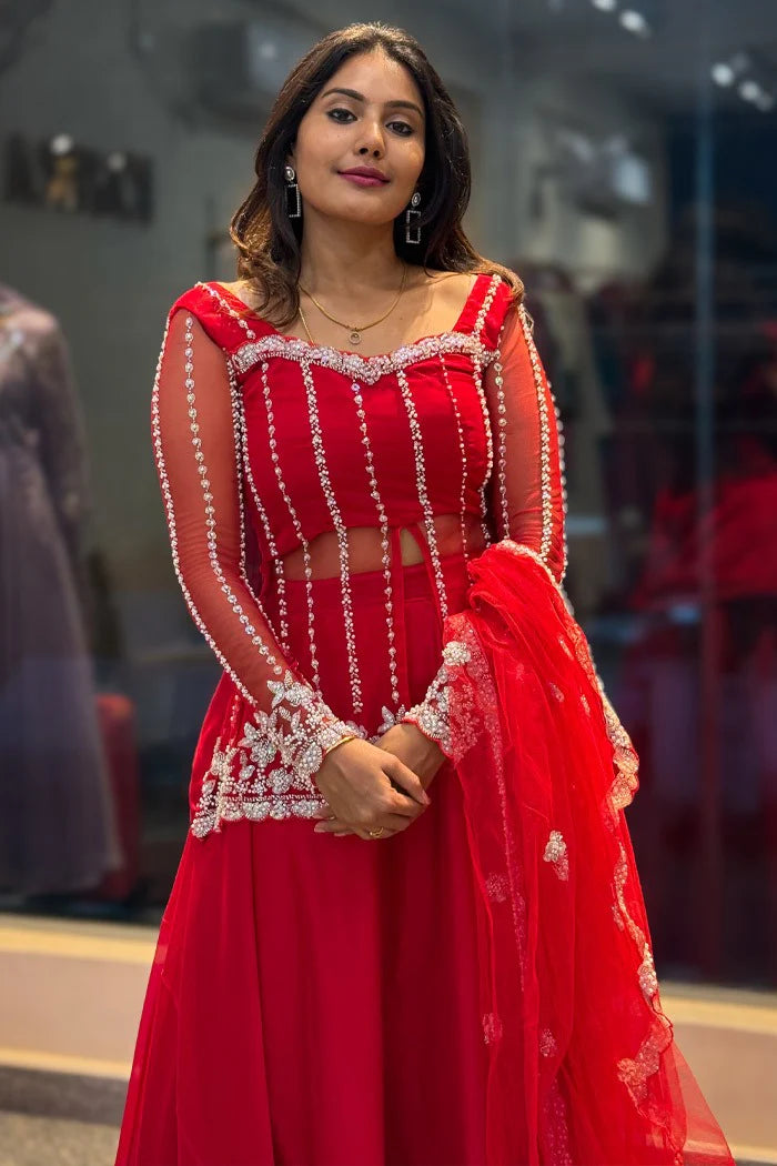 Premium Red Silk Lehenga Choli With Grand Beads Embroidery Work