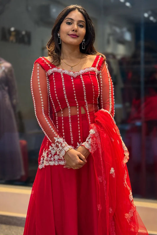 Premium Red Silk Lehenga Choli With Grand Beads Embroidery Work