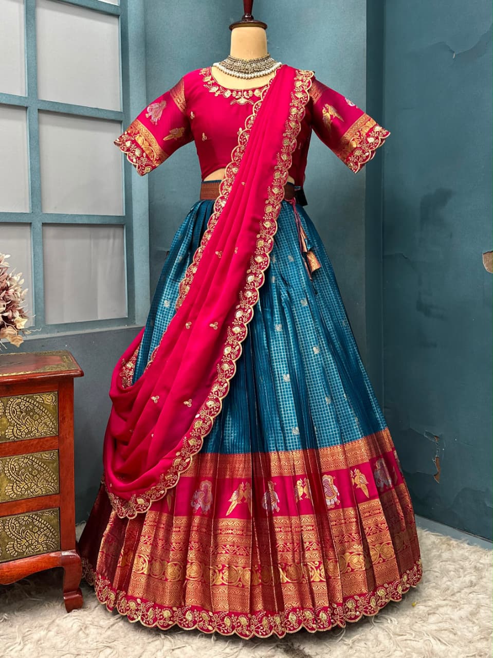 Pink Premium Kanjivaram Silk Lehenga With Designer Maggam Work Blouse