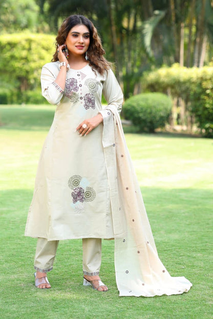 Classy Cream Cotton Kurti Set With Embroidery Work