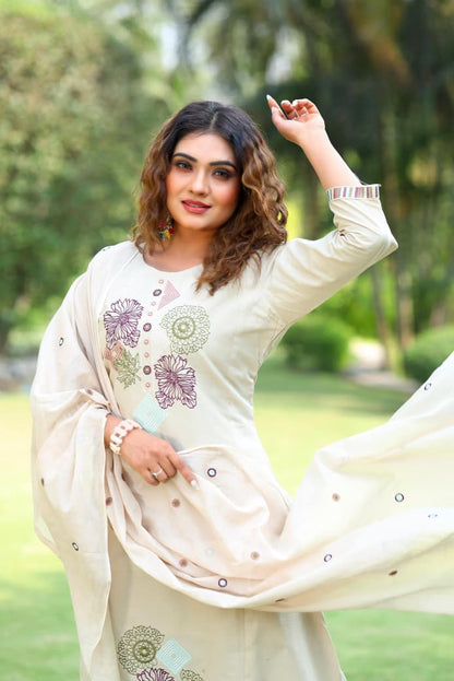 Classy Cream Cotton Kurti Set With Embroidery Work