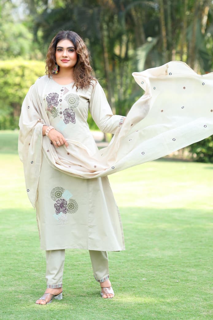 Classy Cream Cotton Kurti Set With Embroidery Work