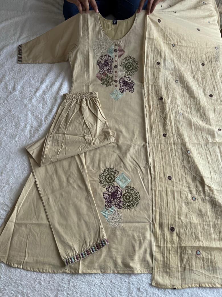 Classy Cream Cotton Kurti Set With Embroidery Work