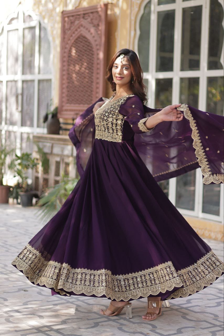 Ready-To-Wear Faux Blooming Anarkali Gown With Dupatta Along With Sequins Work