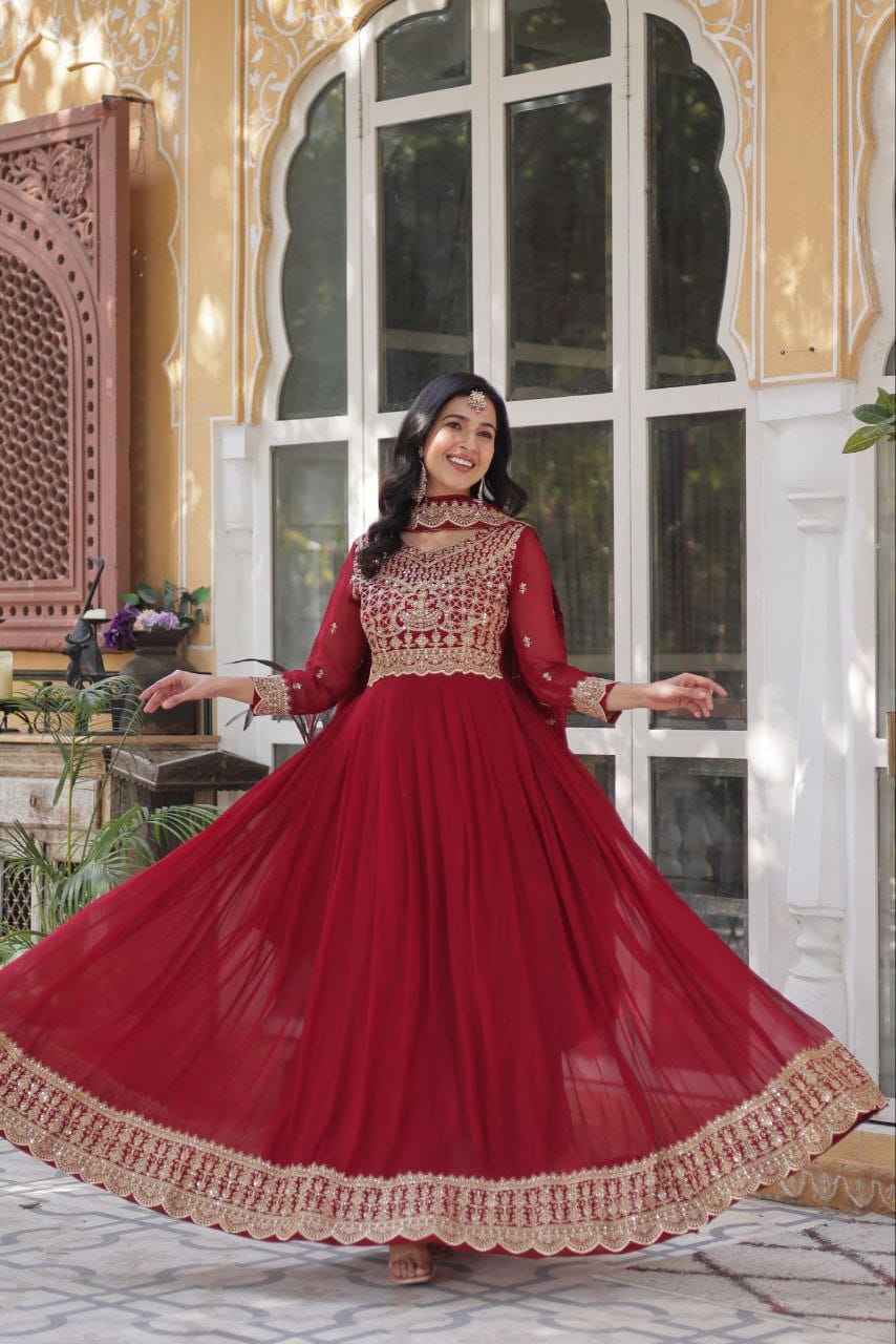 Ready-To-Wear Faux Blooming Anarkali Gown With Dupatta Along With Sequins Work