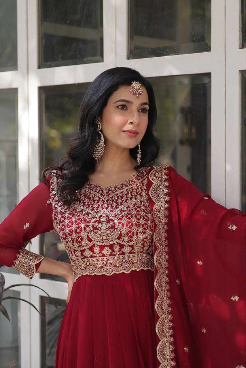 Ready-To-Wear Faux Blooming Anarkali Gown With Dupatta Along With Sequins Work
