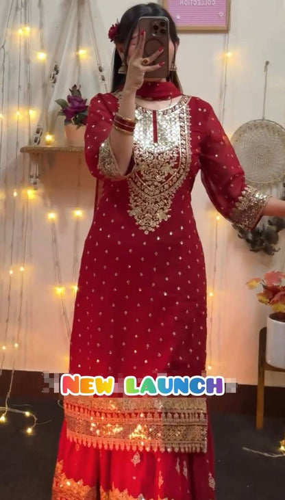 Gorgeous Red Georgette Sharara Suit With Embroidery Work