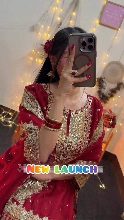 Gorgeous Red Georgette Sharara Suit With Embroidery Work