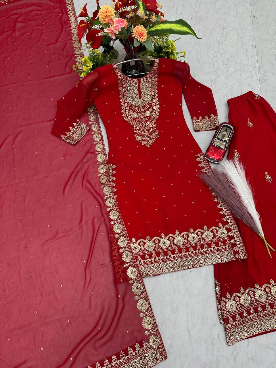Gorgeous Red Georgette Sharara Suit With Embroidery Work