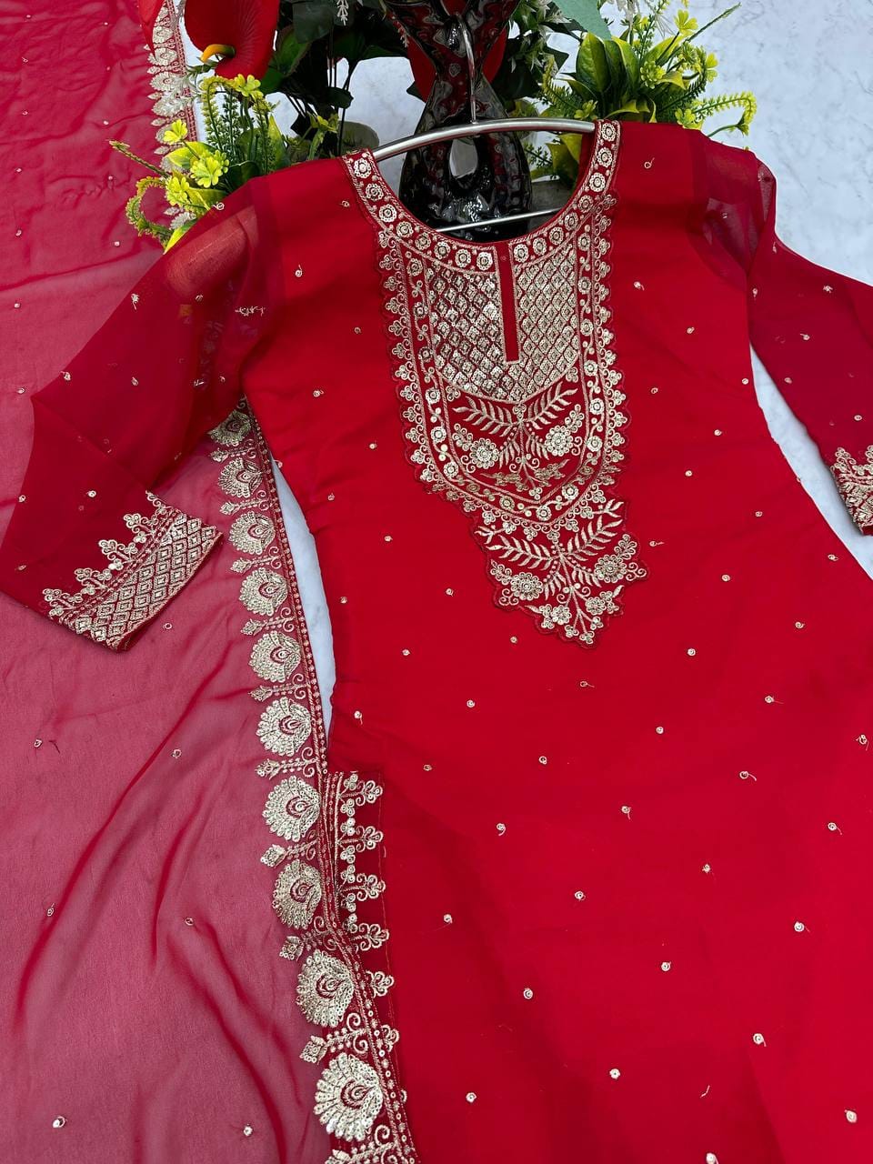 Gorgeous Red Georgette Sharara Suit With Embroidery Work