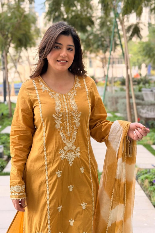 Yellow Viscose Roman Silk Kurta Set With Heavy Embroidery Work
