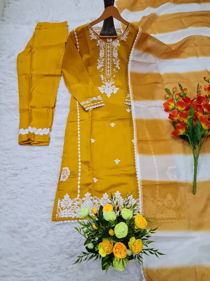 Yellow Viscose Roman Silk Kurta Set With Heavy Embroidery Work