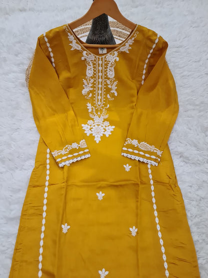 Yellow Viscose Roman Silk Kurta Set With Heavy Embroidery Work
