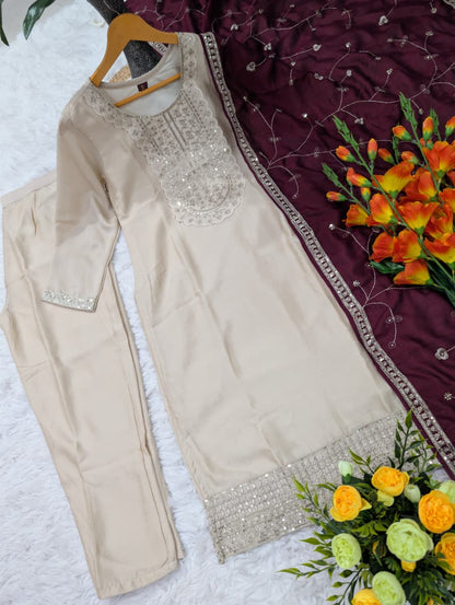 Elegant Silk Kurti Set With Sequins Embroidery Work
