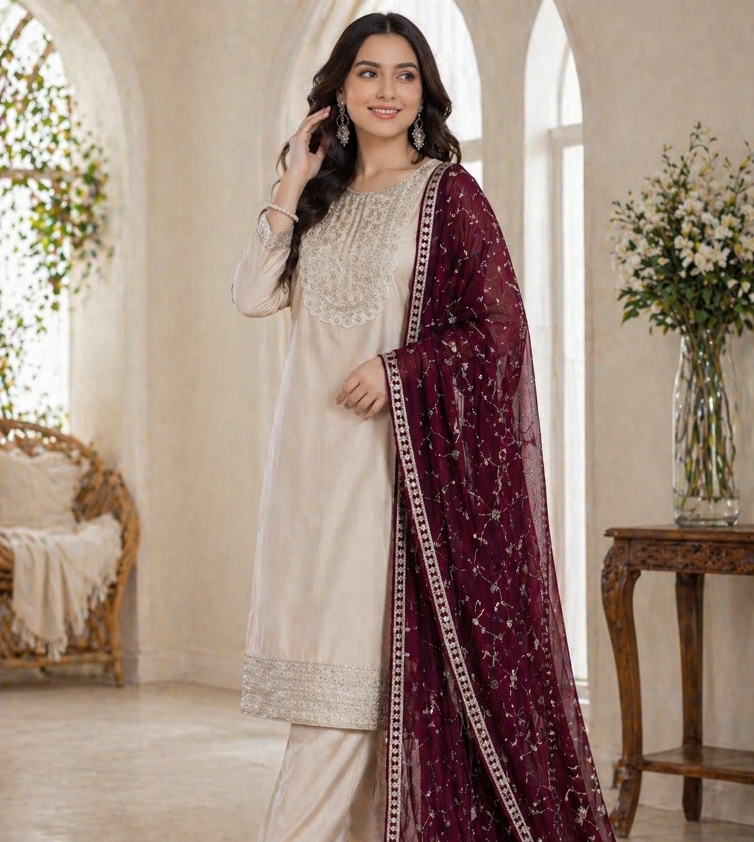 Elegant Silk Kurti Set With Sequins Embroidery Work