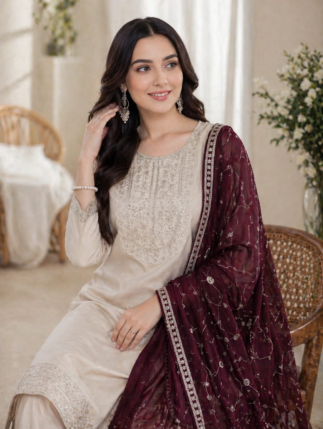 Elegant Silk Kurti Set With Sequins Embroidery Work