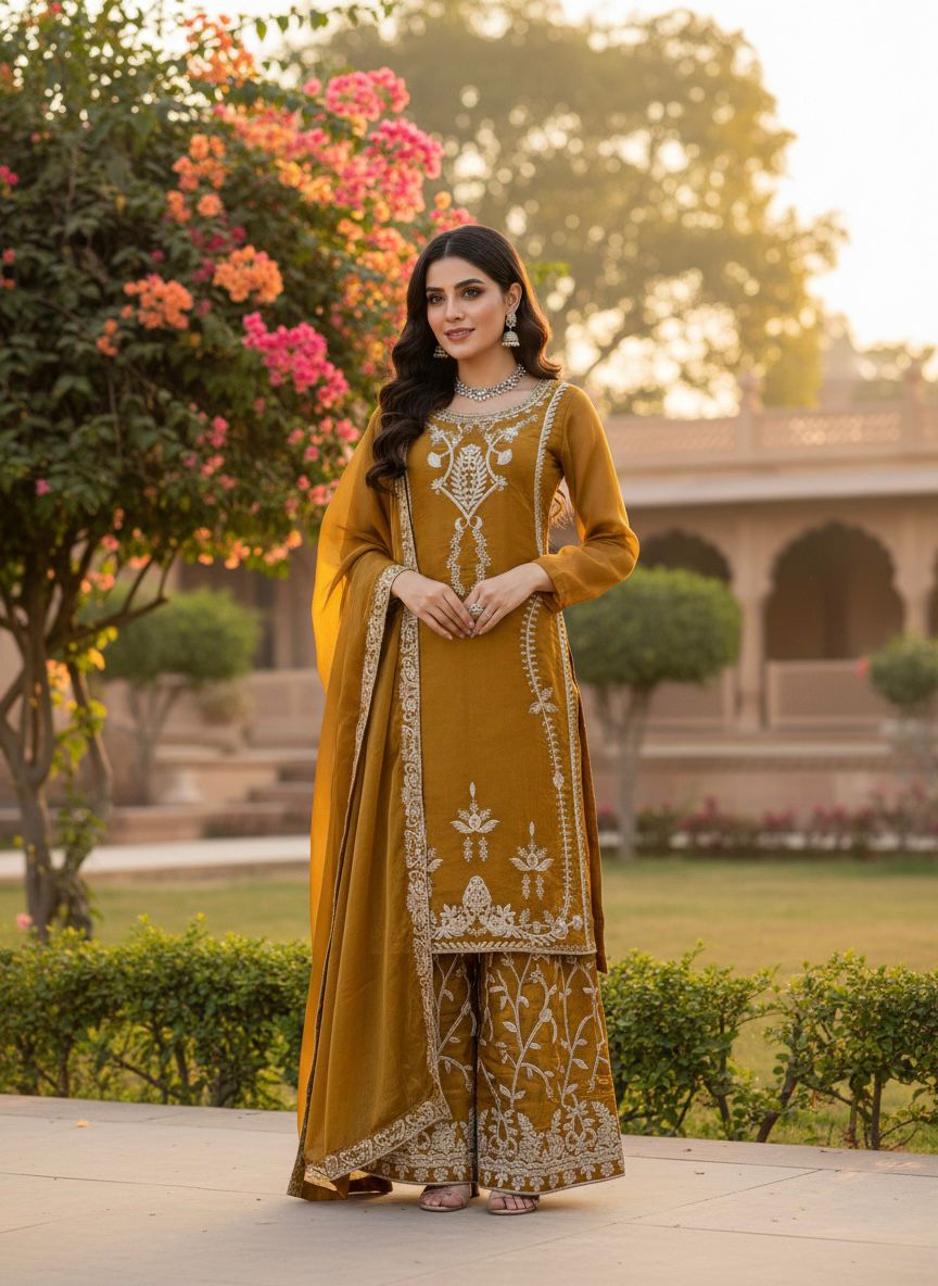 Elegant Mustard Yellow Jimmy Choo Silk Palazoo Suit With Sequins Work