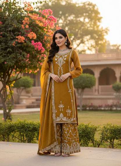 Elegant Mustard Yellow Jimmy Choo Silk Palazoo Suit With Sequins Work