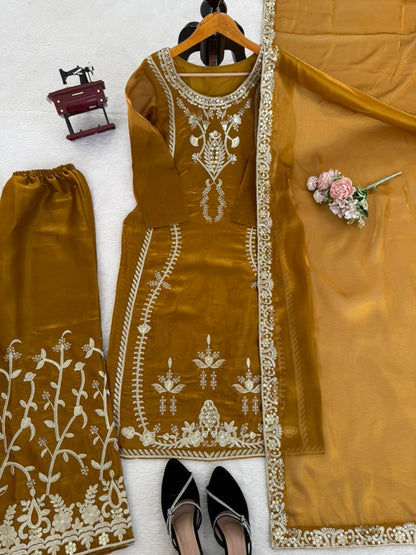 Elegant Mustard Yellow Jimmy Choo Silk Palazoo Suit With Sequins Work