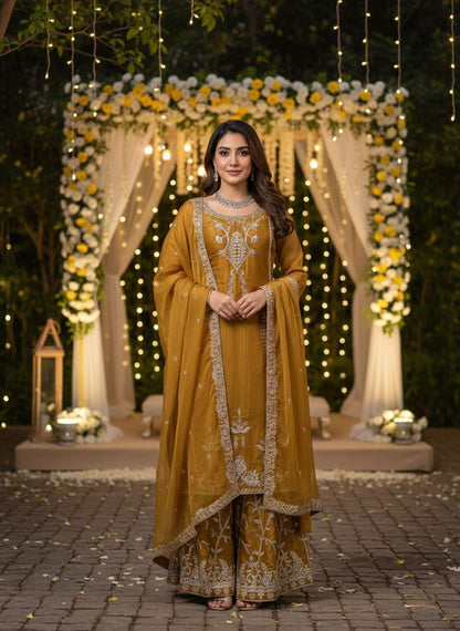 Elegant Mustard Yellow Jimmy Choo Silk Palazoo Suit With Sequins Work