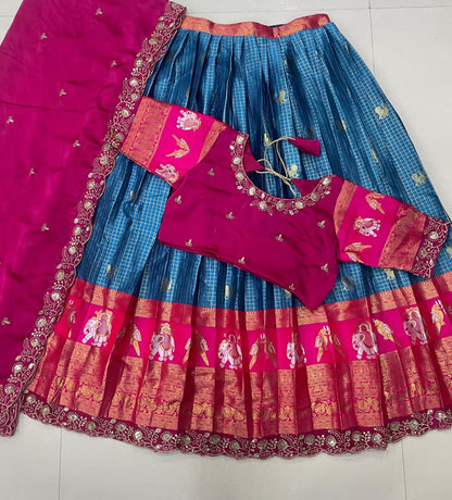 Pink Premium Kanjivaram Silk Lehenga With Designer Maggam Work Blouse