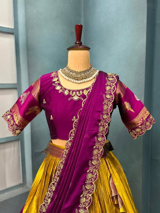 Yellow Pure Kanjivaram Silk Lehenga Choli With Maggam Work Blouse