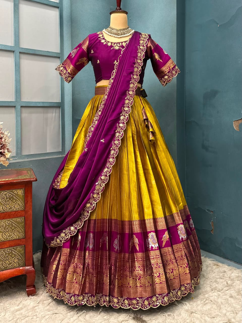 Yellow Pure Kanjivaram Silk Lehenga Choli With Maggam Work Blouse