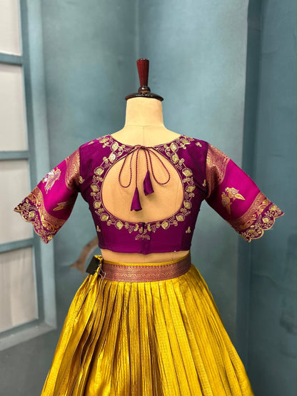 Yellow Pure Kanjivaram Silk Lehenga Choli With Maggam Work Blouse