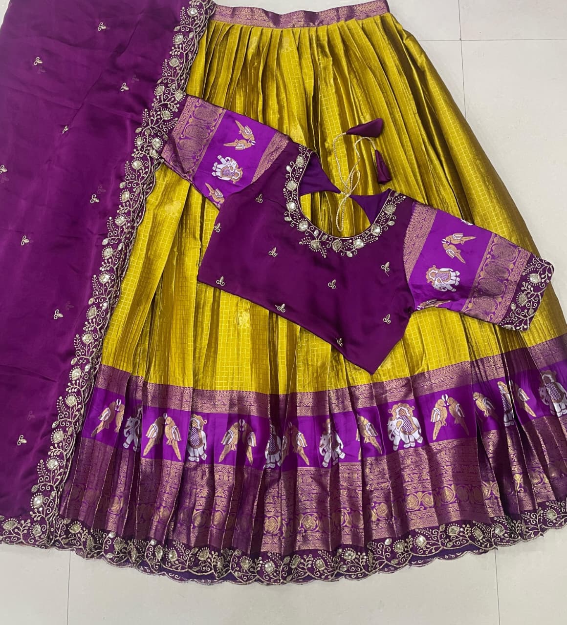 Yellow Pure Kanjivaram Silk Lehenga Choli With Maggam Work Blouse