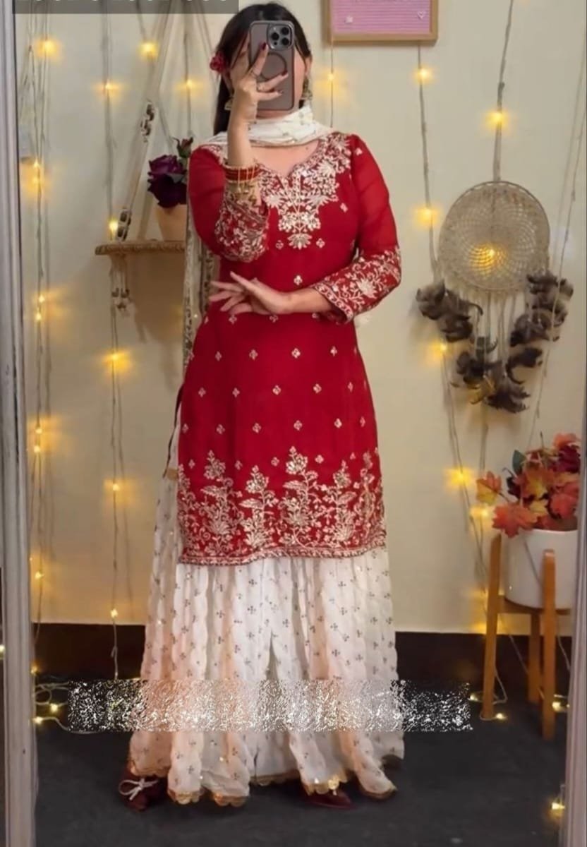 Red Sharara Set with White Palazzo & Net Dupatta For Festive Wear