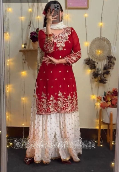 Red Sharara Set with White Palazzo & Net Dupatta For Festive Wear