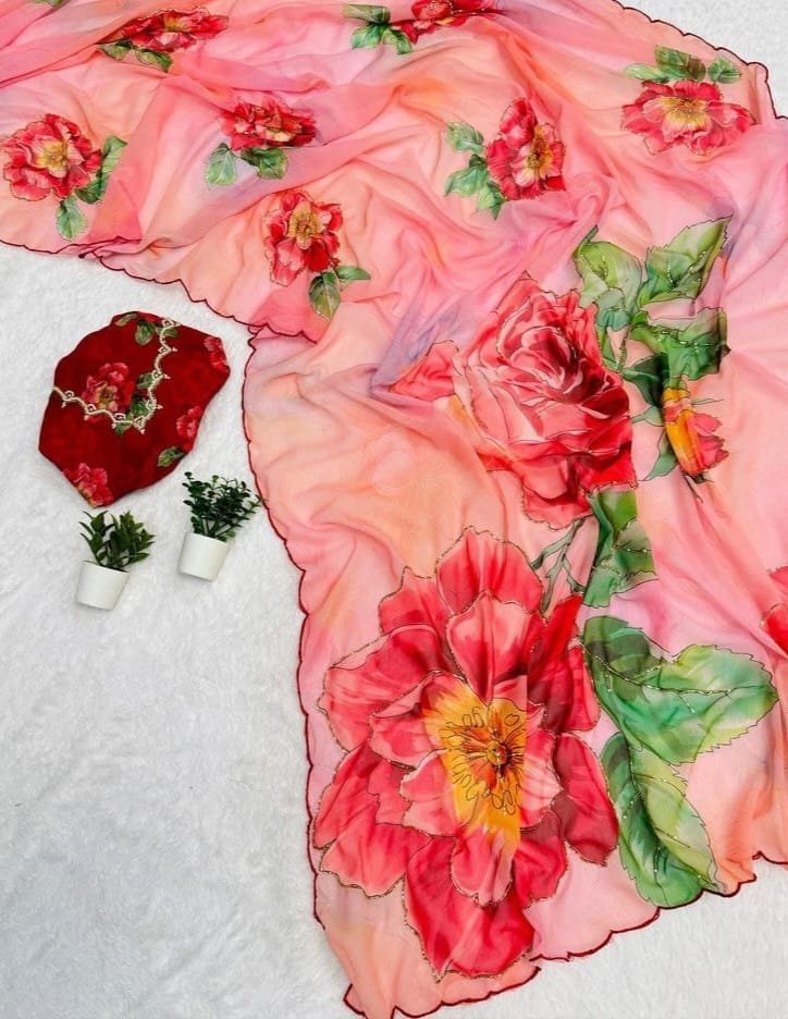 Latest Party Wear Multi Color Soft Chiffon Saree With Floral Print