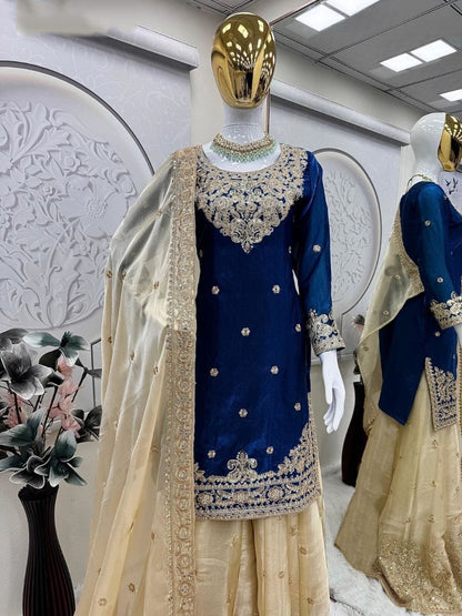 Premium Fendy Satin Party Wear Suit Set With Sharara Dupatta Stunning Embroidery