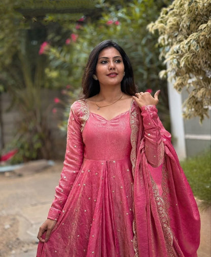 Elegant Silk Anarkali With Sequin Work Dupatta