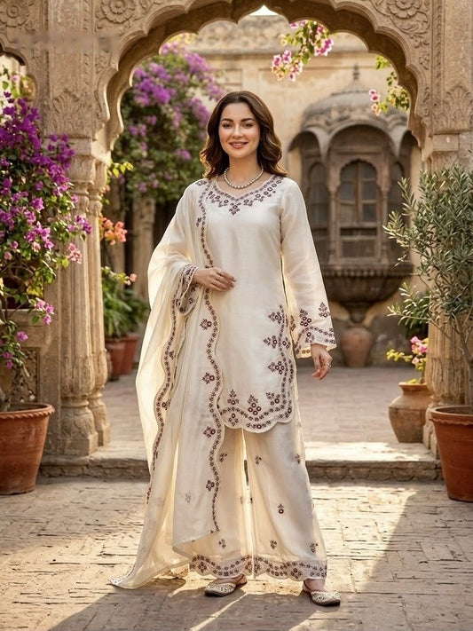 Embroidered Silk Kurta Palazzo Suit Set with Scalloped Dupatta in Off White