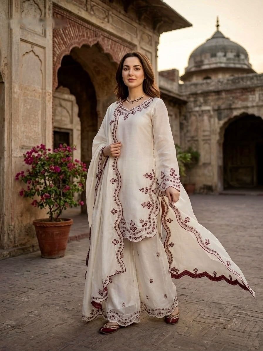 Embroidered Silk Kurta Palazzo Suit Set with Scalloped Dupatta - photo 2