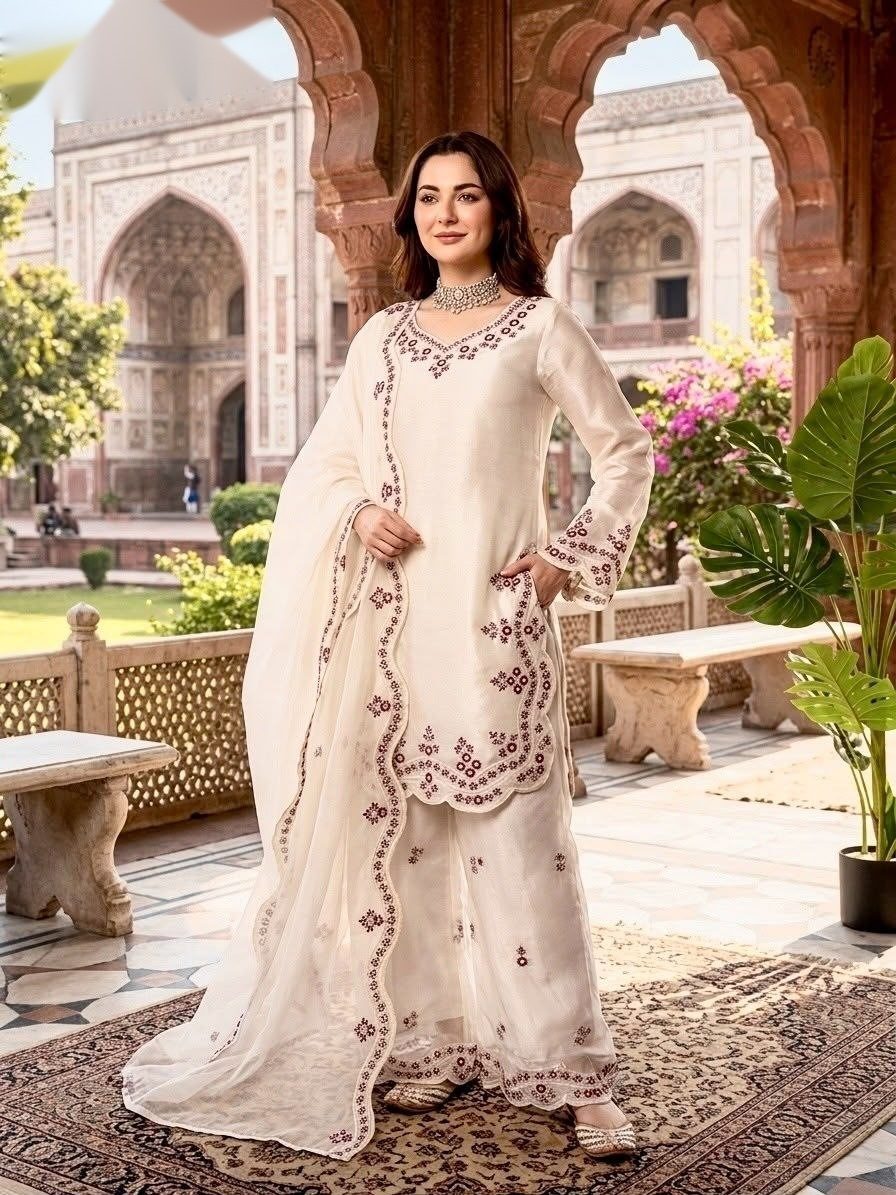 Embroidered Silk Kurta Palazzo Suit Set with Scalloped Dupatta - photo 3