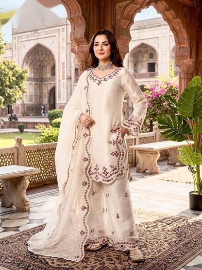Embroidered Silk Kurta Palazzo Suit Set with Scalloped Dupatta - photo 3