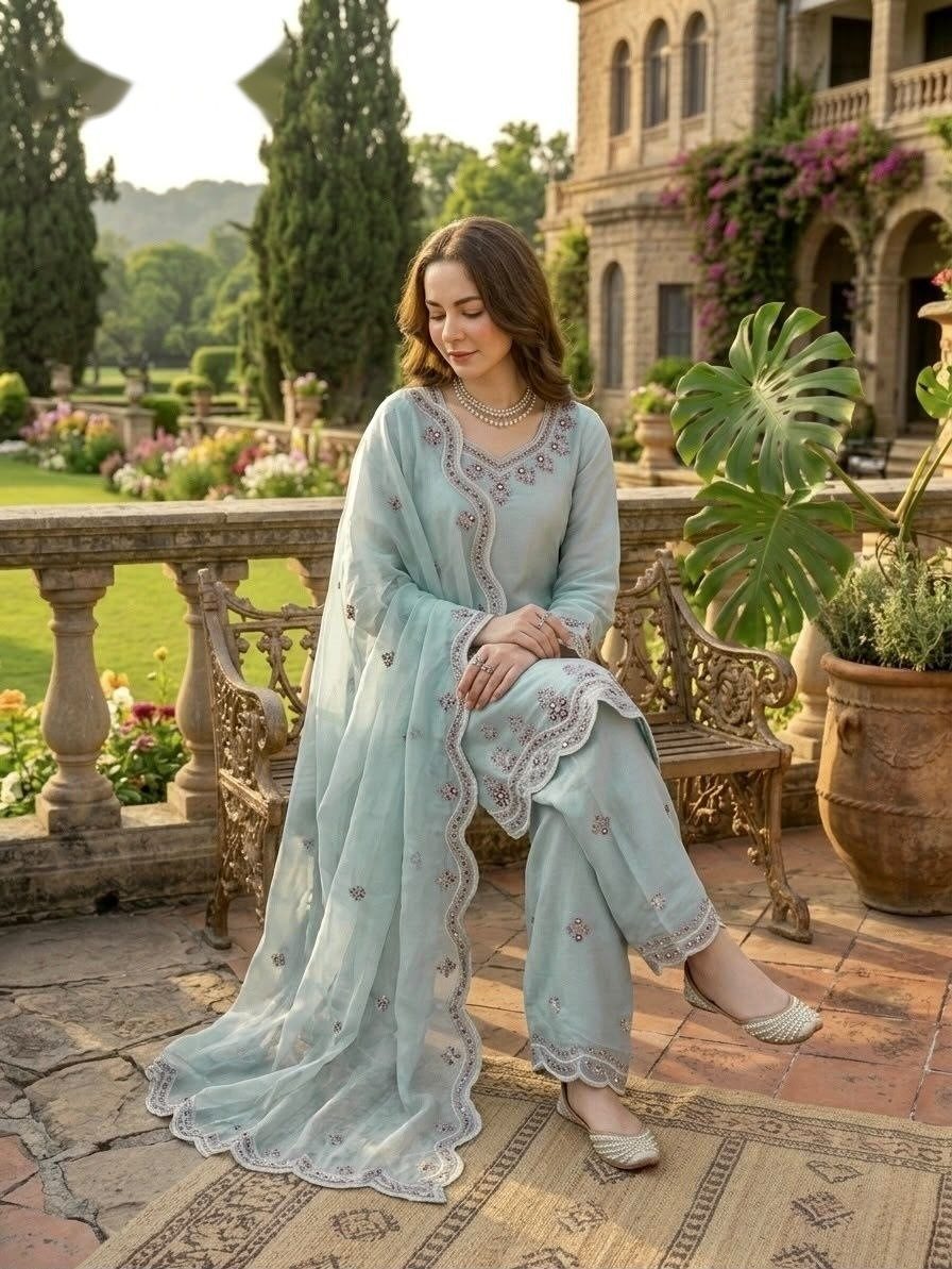 Embroidered Silk Kurta Palazzo Suit Set with Scalloped Dupatta - photo 4