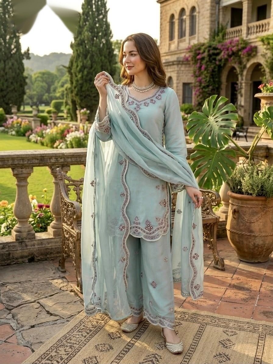 Embroidered Silk Kurta Palazzo Suit Set with Scalloped Dupatta in Light Blue