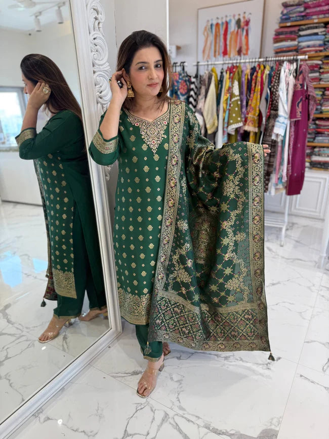 Trendy Emerald Banarasi Suit Set With Printed Work