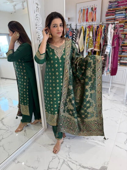 Trendy Emerald Banarasi Suit Set With Printed Work