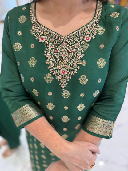 Trendy Emerald Banarasi Suit Set With Printed Work