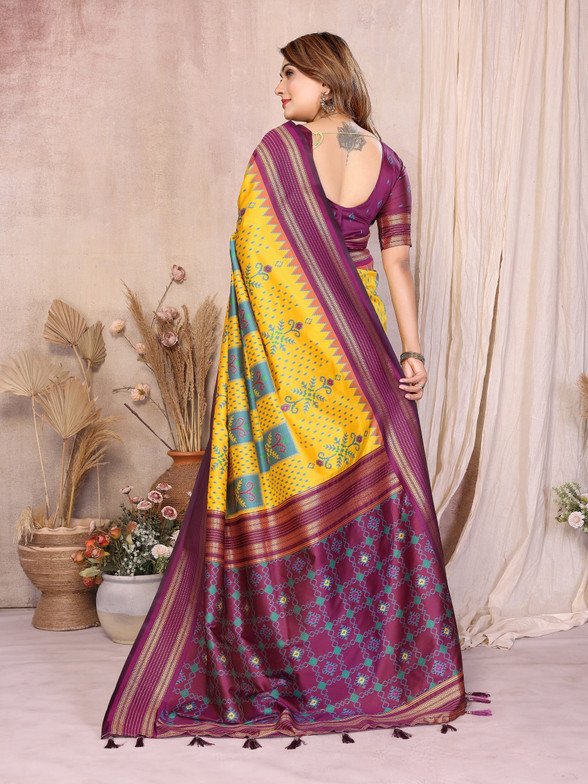 Yellow Soft Silk Ikkat Weaving Saree With Rich Zari Border