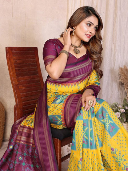 Yellow Soft Silk Ikkat Weaving Saree With Rich Zari Border