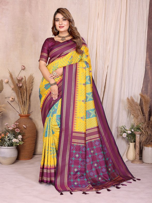 Yellow Soft Silk Ikkat Weaving Saree With Rich Zari Border